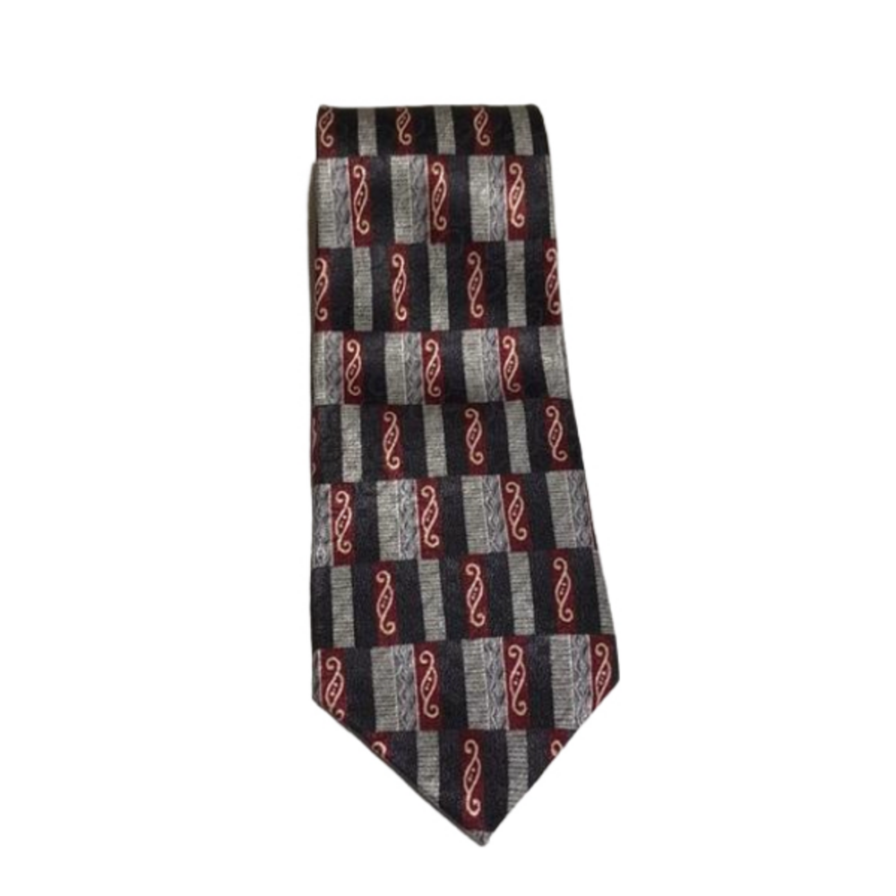 STAFFORD—100% Imported Silk—Black/Red/Silver/Cream Rectangle Patterned Tie
